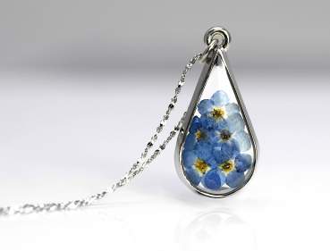 Real forget me nots sterling drop pendant necklace.